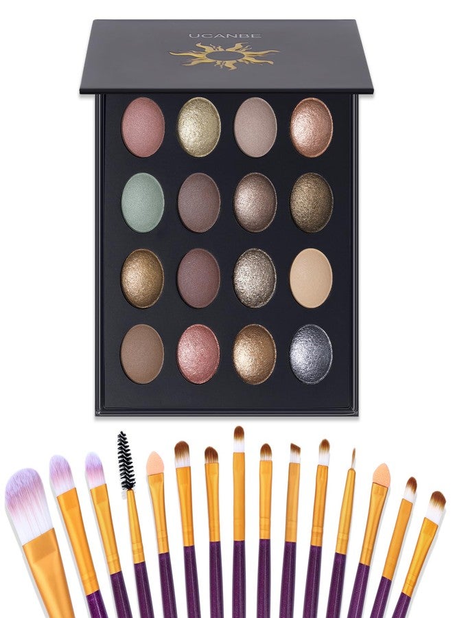 UCANBEMAKEUP UCANBE 16 Color Baked Eyeshadow Palette with 15PCS Brushes Makeup Set,Matte&Shimmer Blend Eyeshadow for Women&Girls,Highly Pigmented Long Lasting Waterproof Make Up Pallet - Image 1
